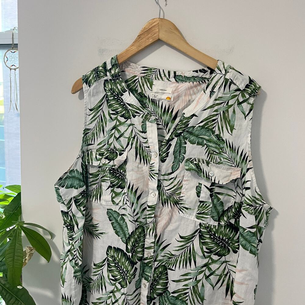 C&C California Palm Leaf Print Linen Button Up Tank Size 3X - Picture 4 of 6